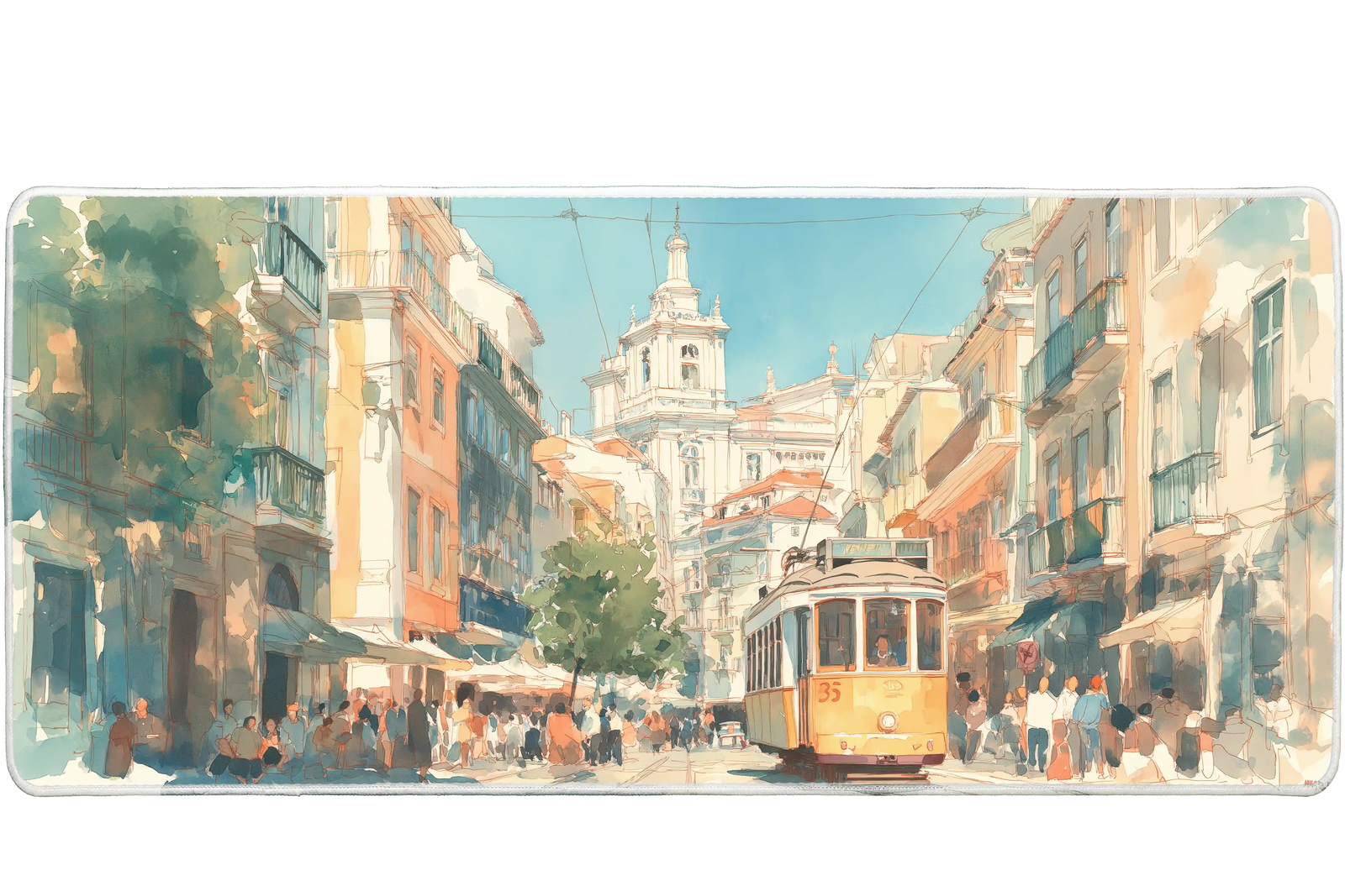 Aesthetic 90x40cm custom desk mat with watercolor city tram scene, stitched edge – Print My Pad