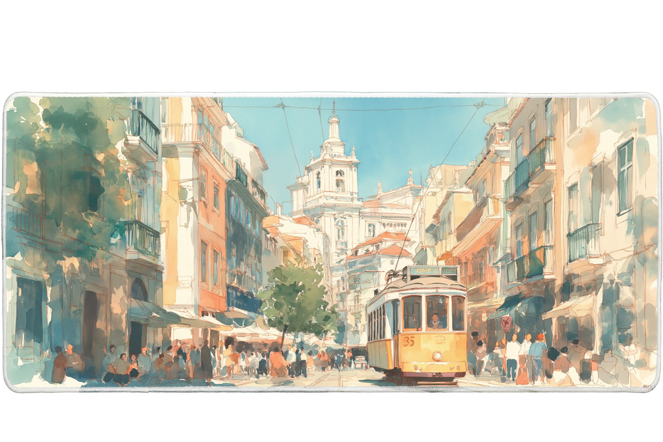 Aesthetic 90x40cm custom desk mat with watercolor city tram scene, stitched edge – Print My Pad