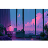 Vaporwave City View Desk Mat | Aesthetic Mouse Pad artwork on an extended desk mat with vaporwave bedroom city view artwork