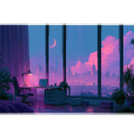 Vaporwave City View Desk Mat | Aesthetic Mouse Pad artwork on an extended desk mat with vaporwave bedroom city view artwork