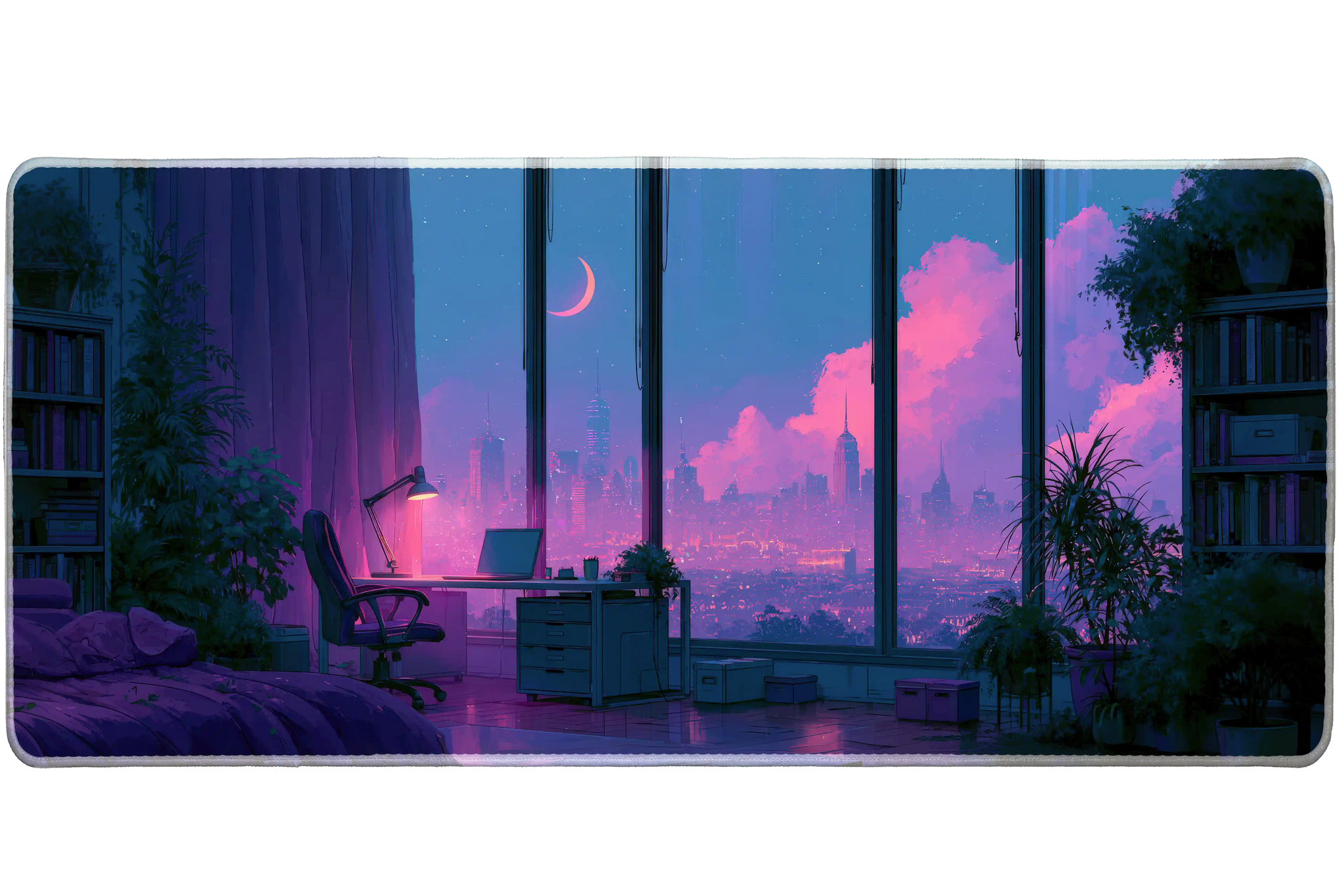 Vaporwave City View Desk Mat | Aesthetic Mouse Pad artwork on an extended desk mat with vaporwave bedroom city view artwork
