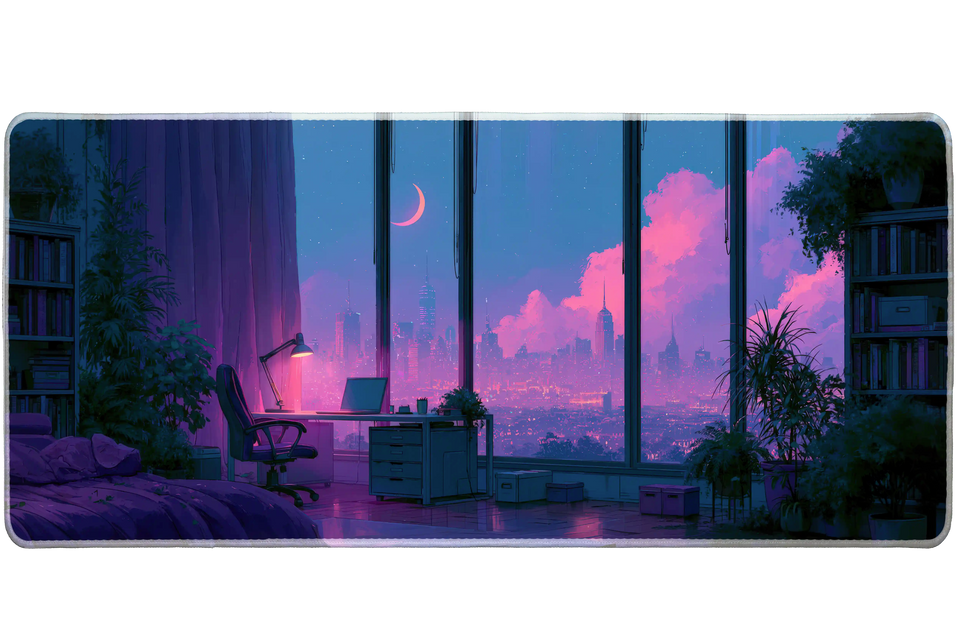 Vaporwave City View Desk Mat | Aesthetic Mouse Pad artwork on an extended desk mat with vaporwave bedroom city view artwork