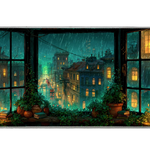 Rainy City Lantern Desk Mat | Night Window View artwork on an extended desk mat with rainy city lantern design