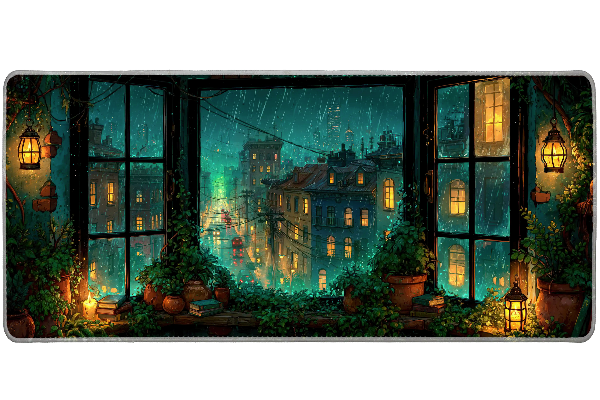 Rainy City Lantern Desk Mat | Night Window View artwork on an extended desk mat with rainy city lantern design