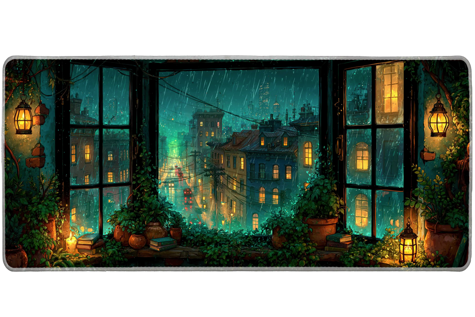 Rainy City Lantern Desk Mat | Night Window View artwork on an extended desk mat with rainy city lantern design