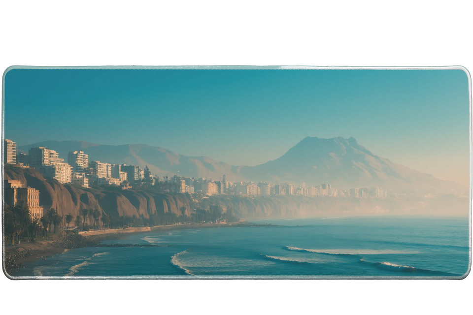 Landscape 36x16in custom desk mat featuring misty coastal city and mountains, non-slip base – PrintMyPad