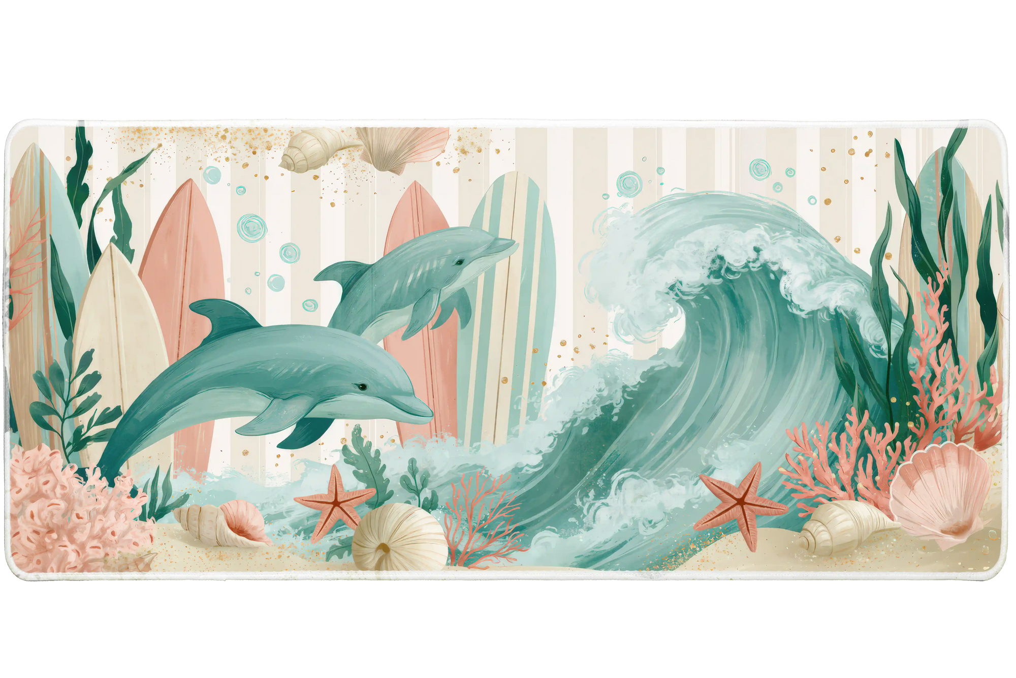 Coastal Dolphin Surf desk mat artwork in a wide product view
