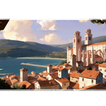 Overhead Mediterranean Village desk mat view with terracotta rooftops beside turquoise water and distant mountains