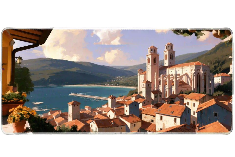 Overhead Mediterranean Village desk mat view with terracotta rooftops beside turquoise water and distant mountains