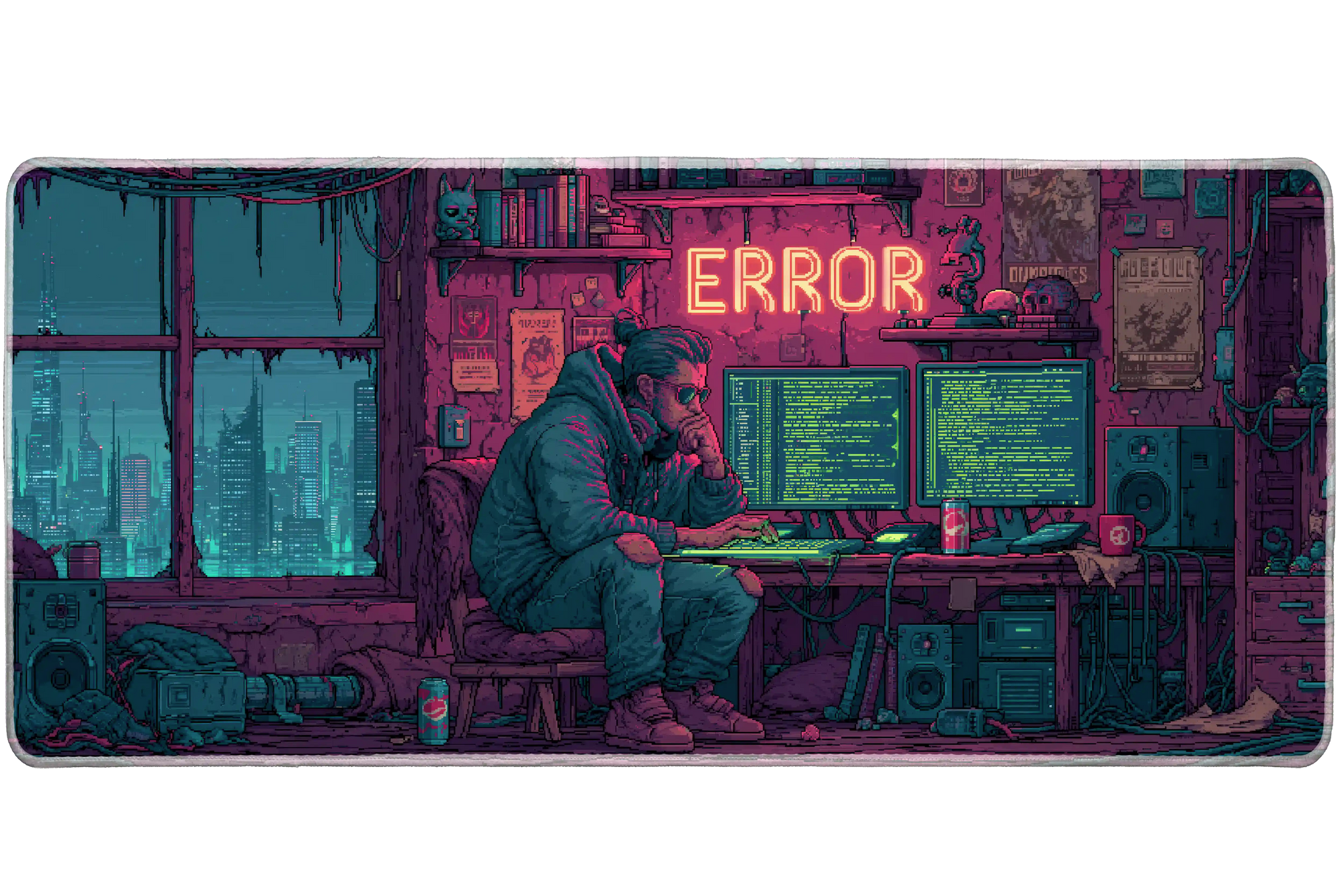 8-Bit Coding Room Desk Mat | Programmer Mouse Pad artwork on an extended desk mat with pixel-inspired coding room artwork