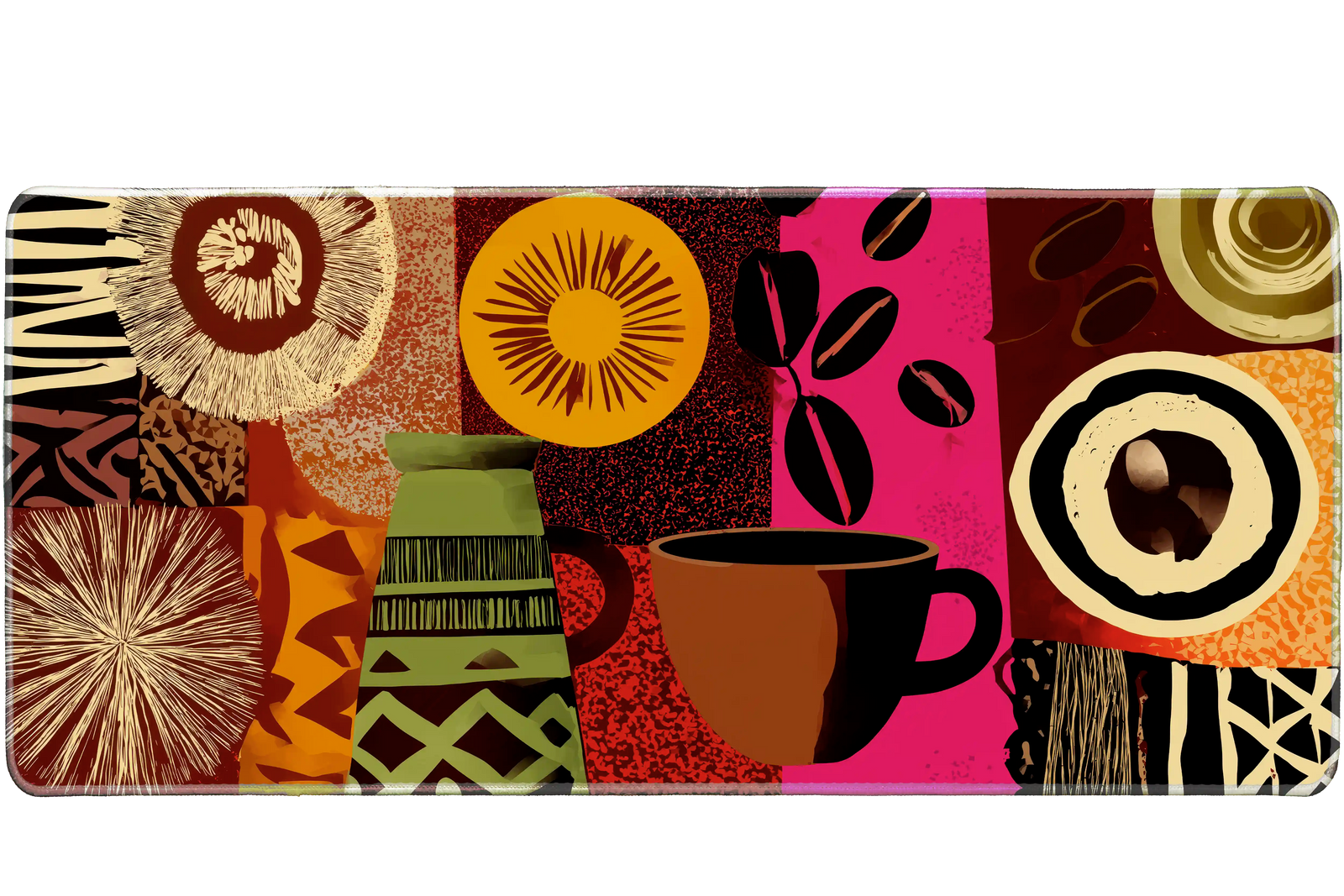 Pattern 36x16in custom mouse mat featuring vibrant coffee and pottery art design, stitched edge – PrintMyPad