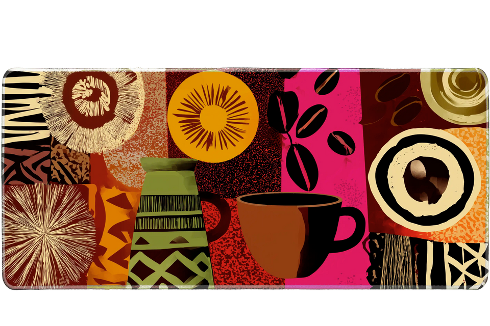 Pattern 36x16in custom mouse mat featuring vibrant coffee and pottery art design, stitched edge – PrintMyPad
