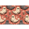 Cozy coffee ghost desk mat with cream and gray spirits, steaming cups and leafy sprigs on coral
