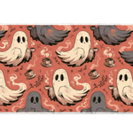 Cozy coffee ghost desk mat with cream and gray spirits, steaming cups and leafy sprigs on coral