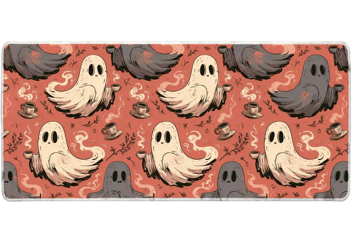 Cozy coffee ghost desk mat with cream and gray spirits, steaming cups and leafy sprigs on coral