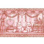 Pink Coquette Cat Vintage Kitten desk mat with two fluffy kittens, heart accents, bow curtains, ornate