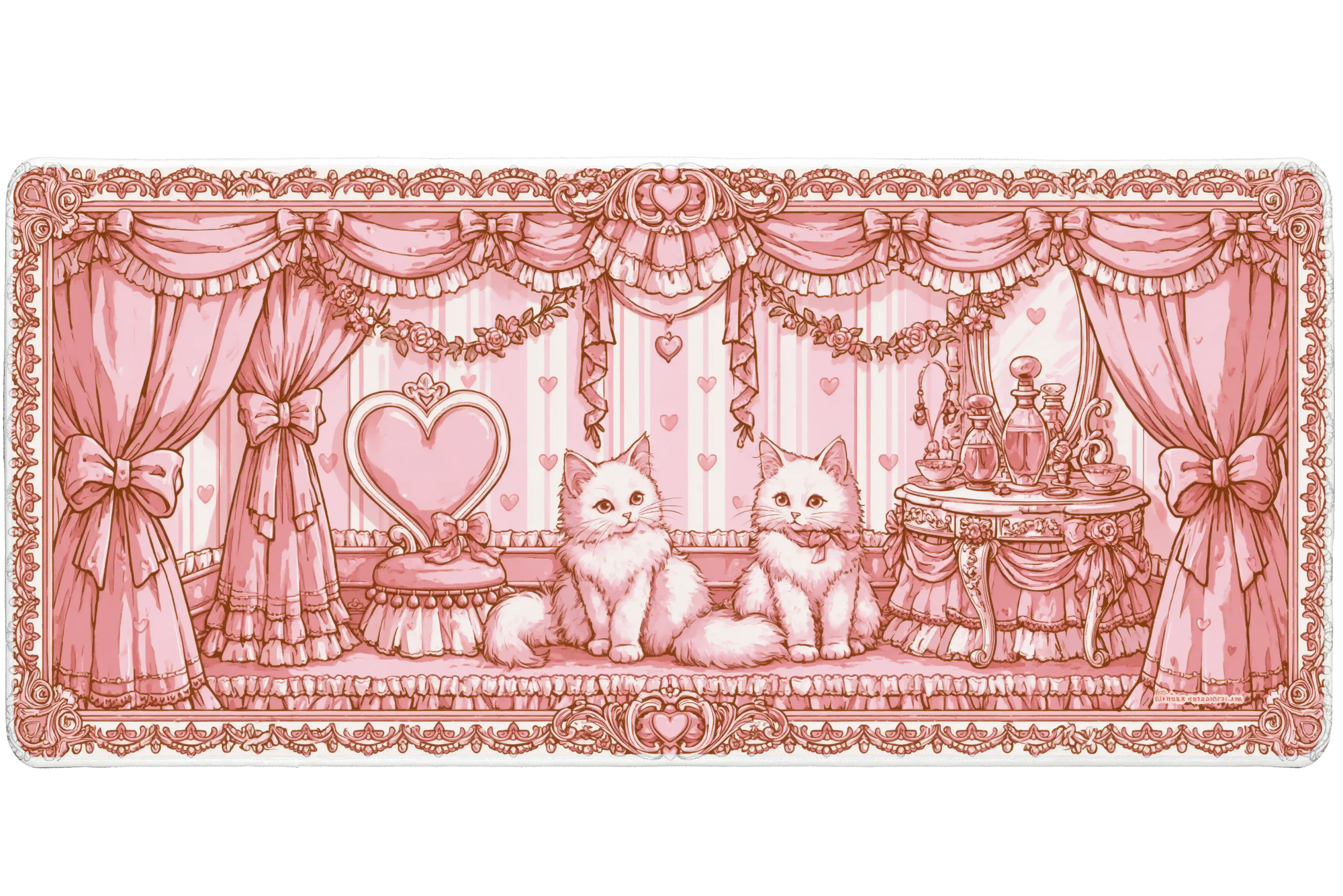 Pink Coquette Cat Vintage Kitten desk mat with two fluffy kittens, heart accents, bow curtains, ornate