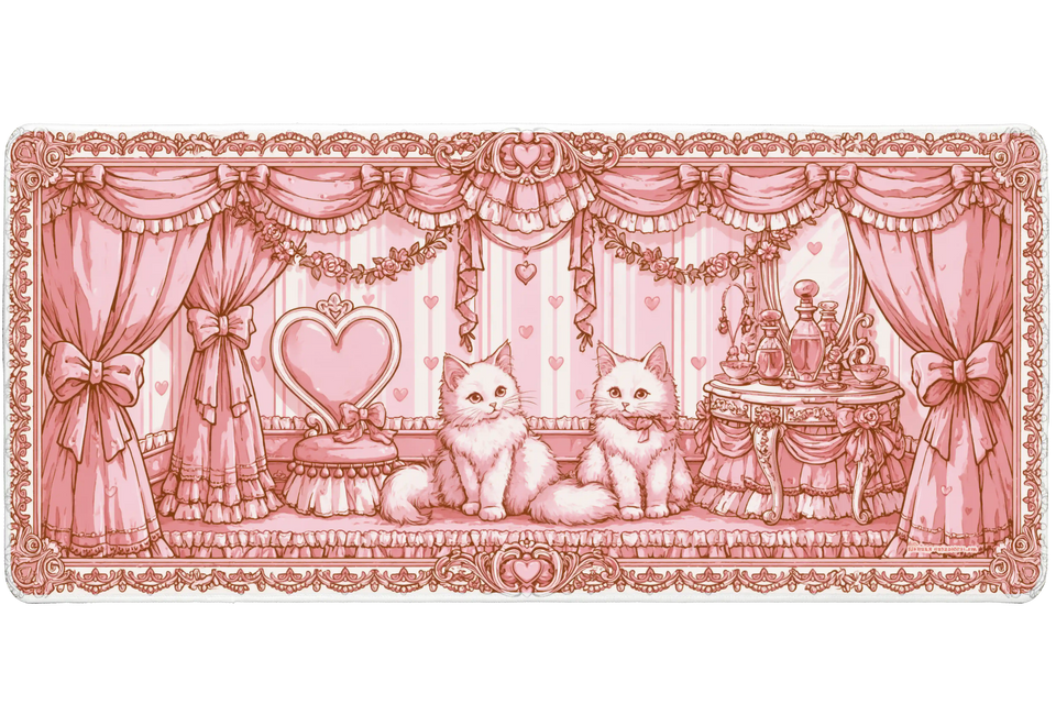 Pink Coquette Cat Vintage Kitten desk mat with two fluffy kittens, heart accents, bow curtains, ornate