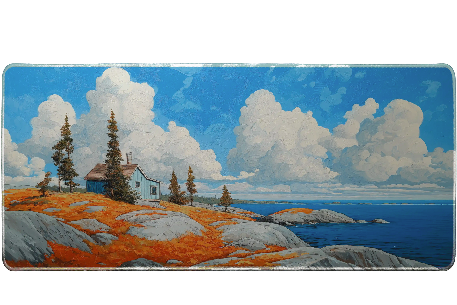 Landscape 90x40cm custom desk mat with seaside cottage and clouds, non-slip base – Print My Pad