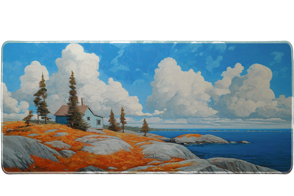 Landscape 90x40cm custom desk mat with seaside cottage and clouds, non-slip base – Print My Pad