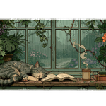 Cat Library Desk Mat | Rainy Garden Window artwork on an extended desk mat with cat library design