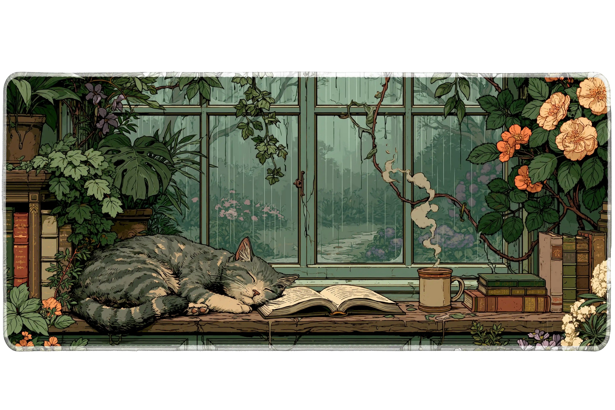 Cat Library Desk Mat | Rainy Garden Window artwork on an extended desk mat with cat library design