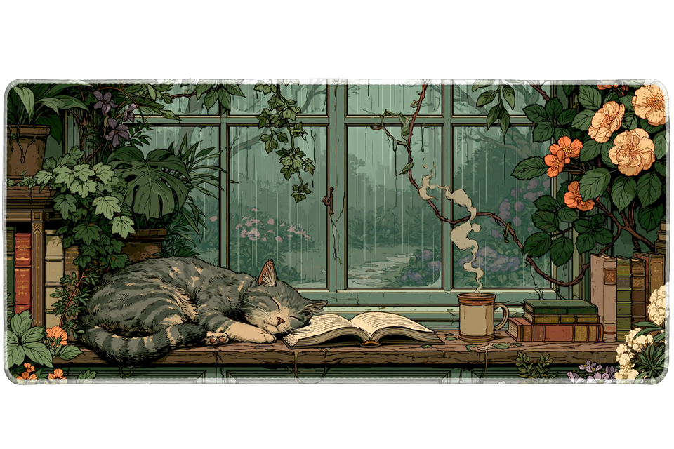 Cat Library Desk Mat | Rainy Garden Window artwork on an extended desk mat with cat library design