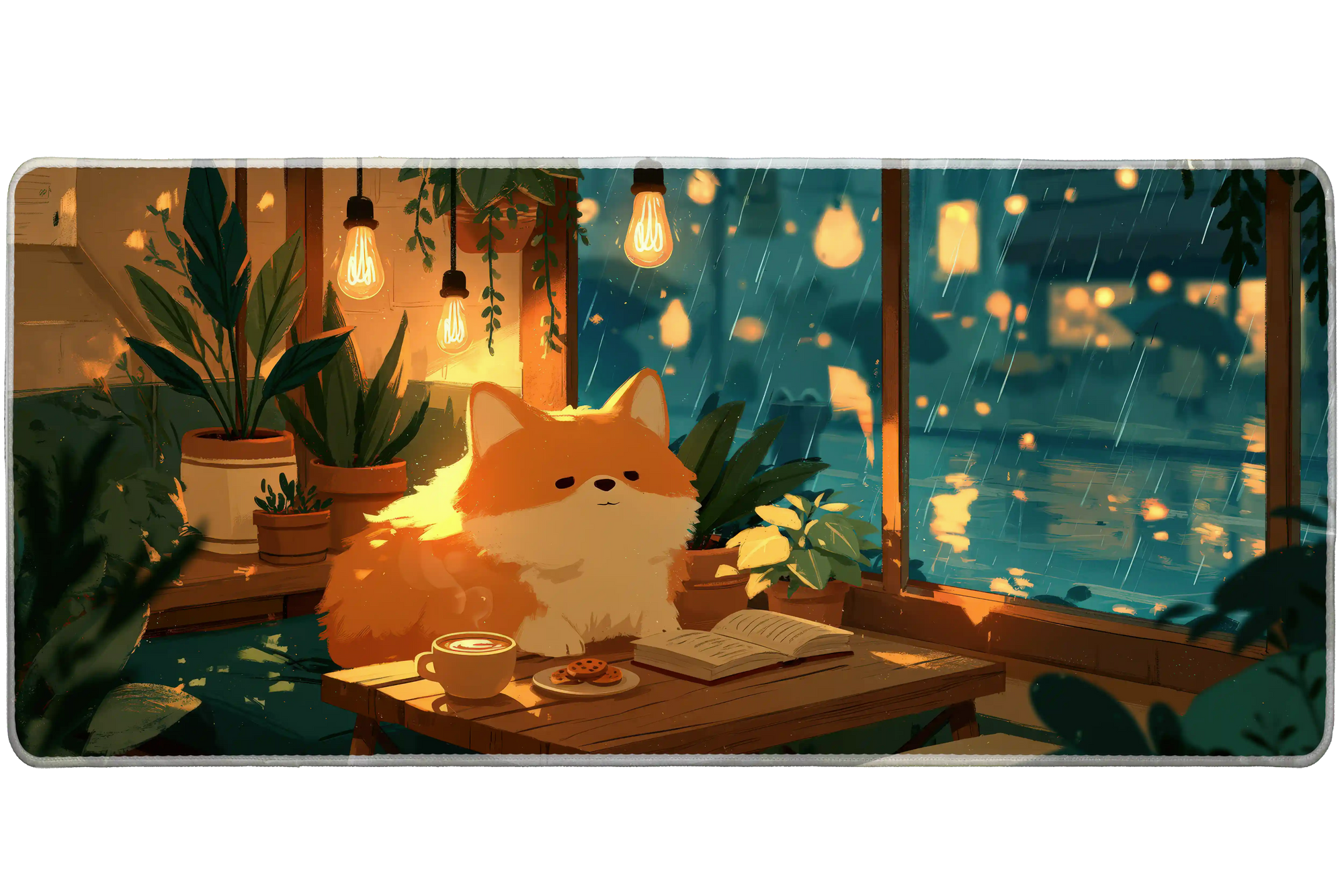 Corgi Rainy Window Desk Mat | Coffee Plant Nook artwork on an extended desk mat with corgi rainy window design