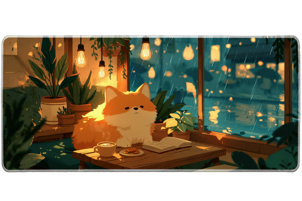 Corgi Rainy Window Desk Mat | Coffee Plant Nook artwork on an extended desk mat with corgi rainy window design