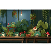 Cozy frog greenhouse plants artwork on an extended desk mat for a full keyboard and mouse layout