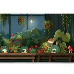 Cozy frog greenhouse plants artwork on an extended desk mat for a full keyboard and mouse layout