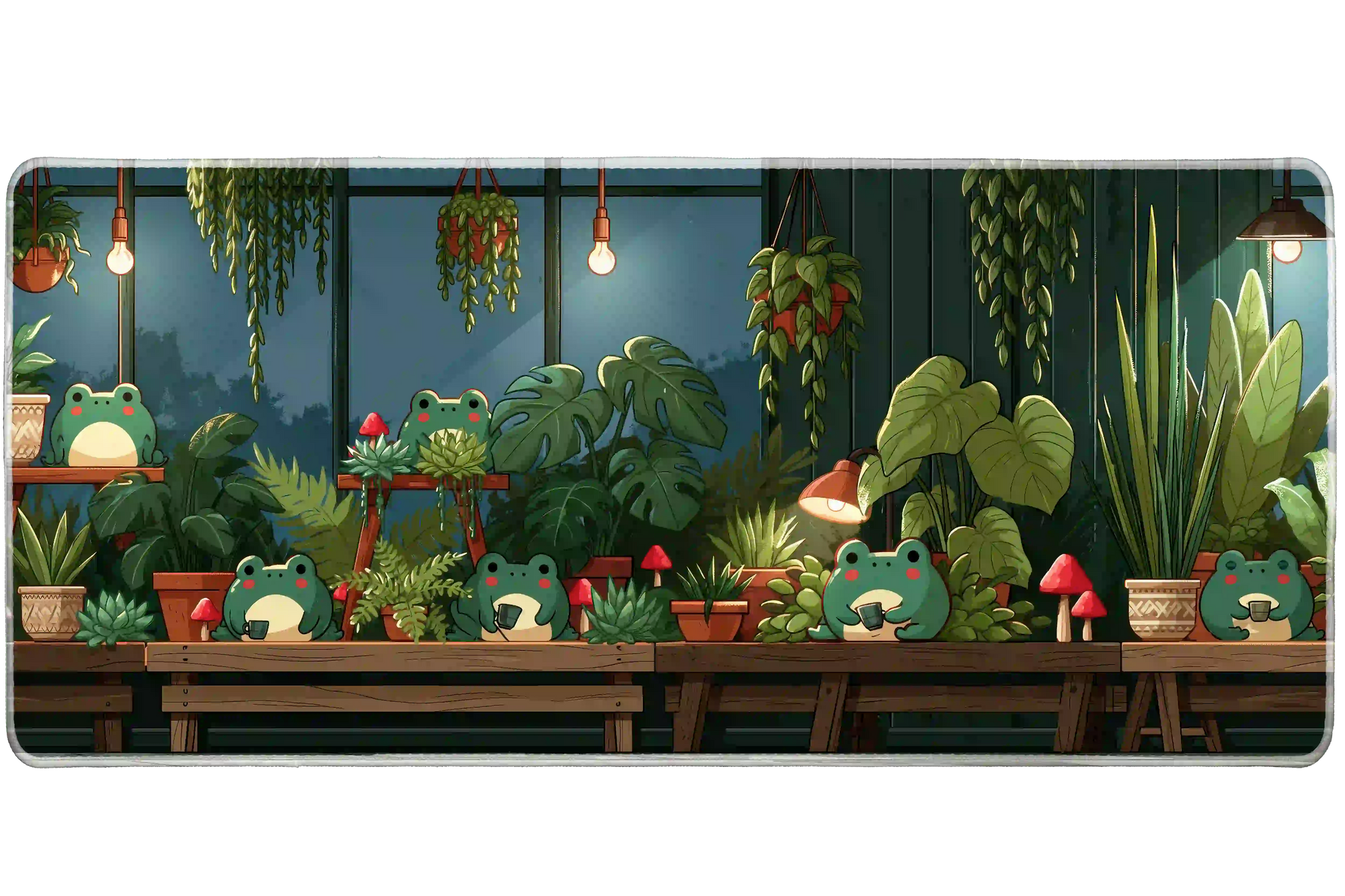 Cozy frog greenhouse plants artwork on an extended desk mat for a full keyboard and mouse layout