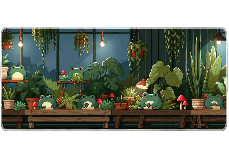 Cozy frog greenhouse plants artwork on an extended desk mat for a full keyboard and mouse layout