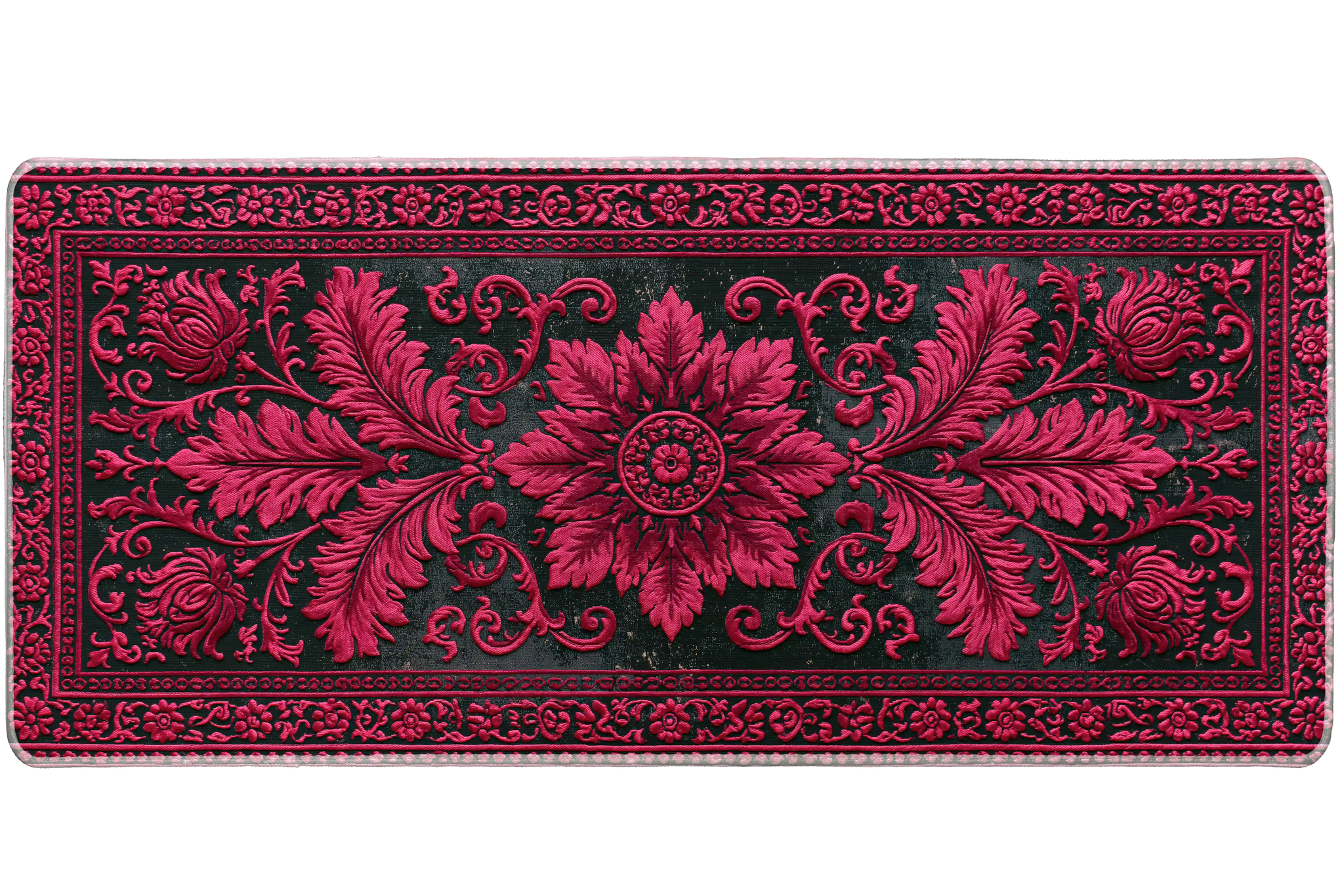 Crimson Ornate Floral Dark Vintage desk mat with raised-effect scrollwork, decorative borders, and a
