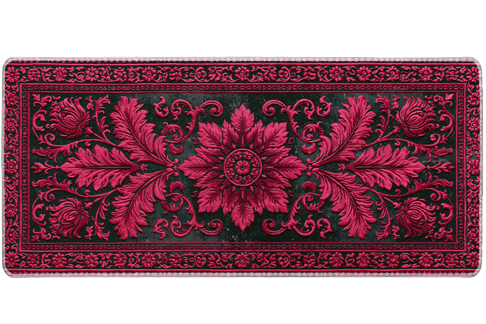 Crimson Ornate Floral Dark Vintage desk mat with raised-effect scrollwork, decorative borders, and a