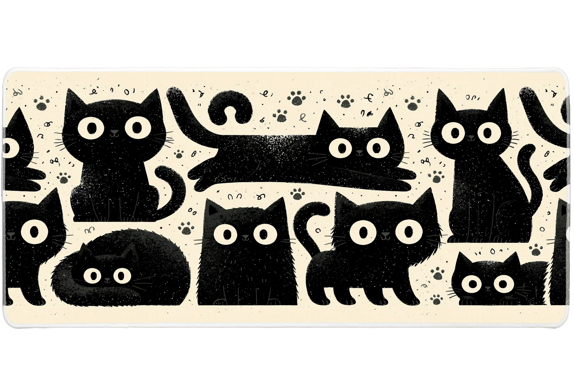 Kawaii Black Cat Desk Mat | Cute Pattern Mouse Pad artwork on an extended desk mat with wide-eyed black cat kawaii pattern