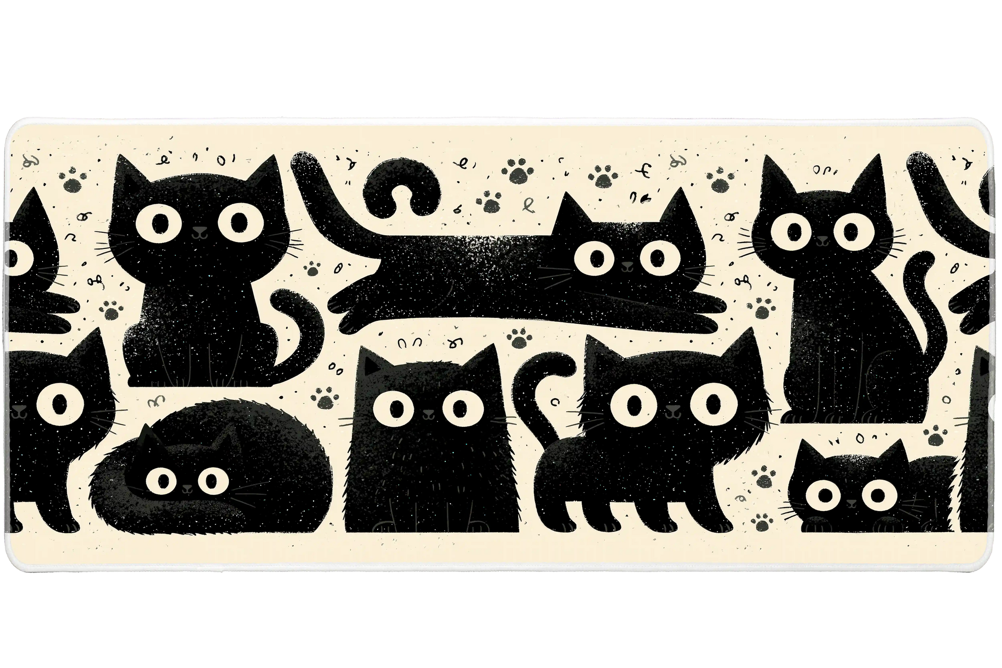 Kawaii Black Cat Desk Mat | Cute Pattern Mouse Pad artwork on an extended desk mat with wide-eyed black cat kawaii pattern