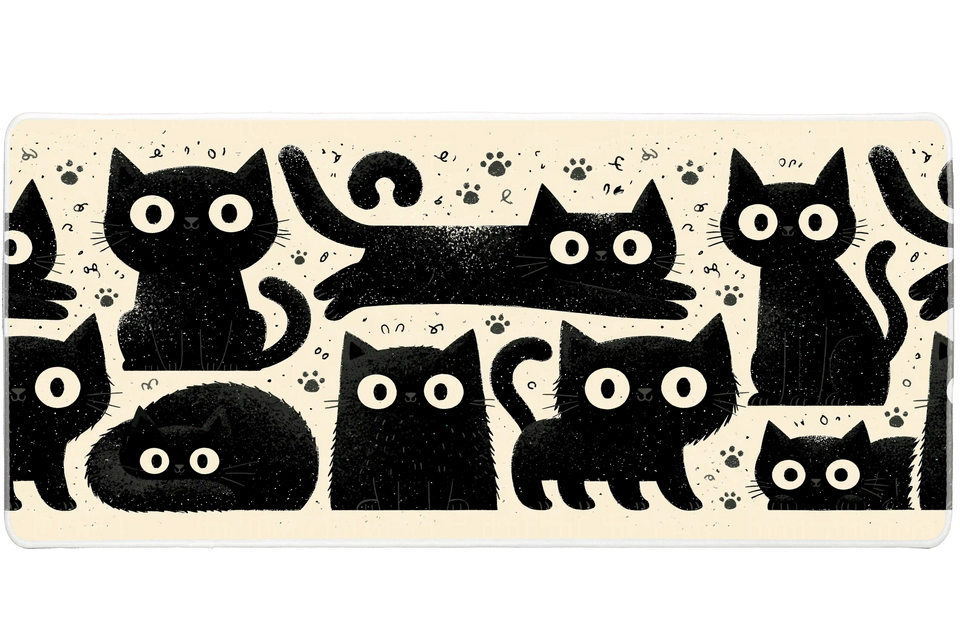Kawaii Black Cat Desk Mat | Cute Pattern Mouse Pad artwork on an extended desk mat with wide-eyed black cat kawaii pattern
