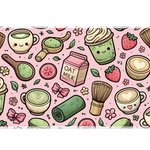 Pink Matcha Cafe Desk Mat | Kawaii Tea Mouse Pad artwork on an extended desk mat with kawaii matcha drinks on a pink cafe pattern