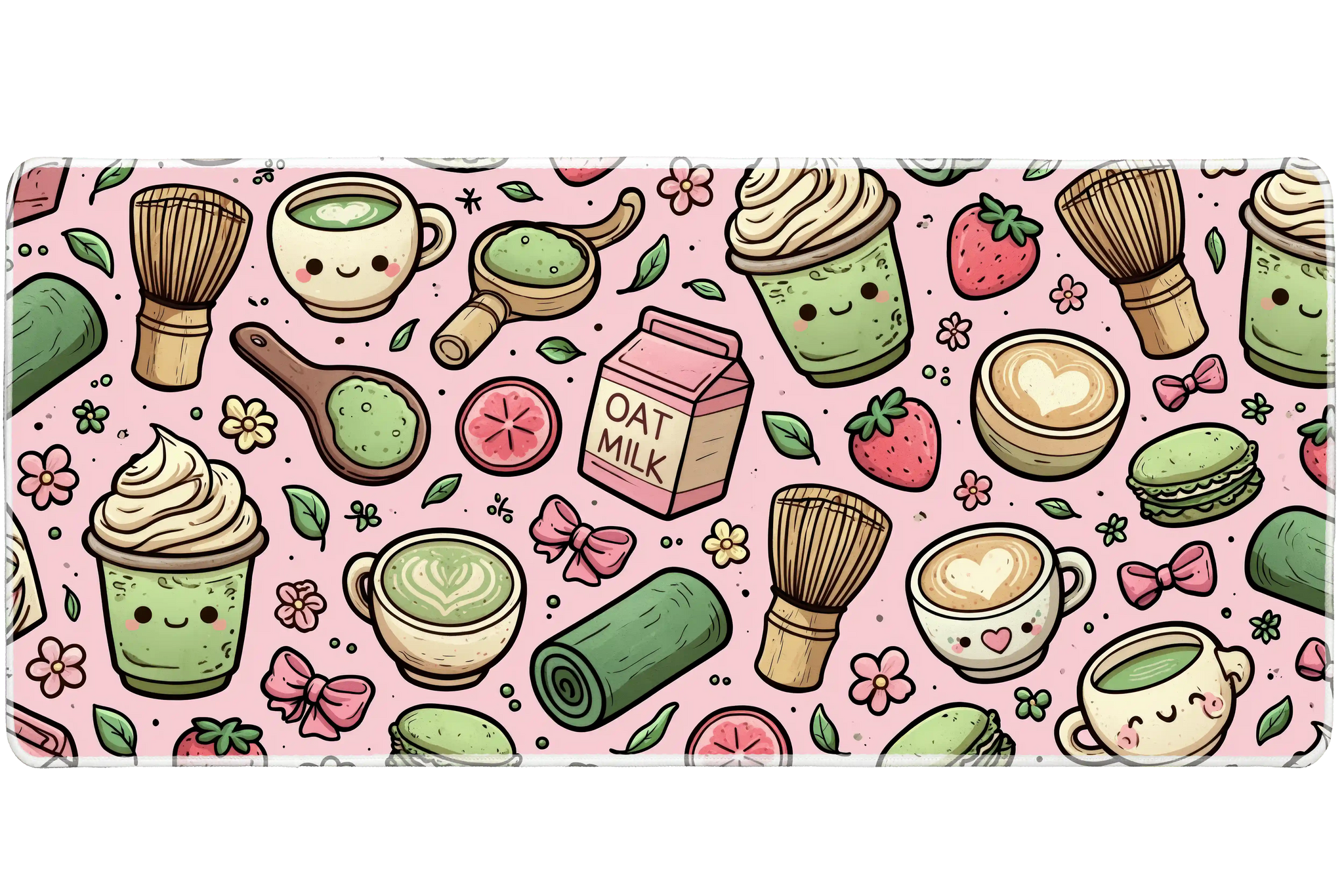 Pink Matcha Cafe Desk Mat | Kawaii Tea Mouse Pad artwork on an extended desk mat with kawaii matcha drinks on a pink cafe pattern