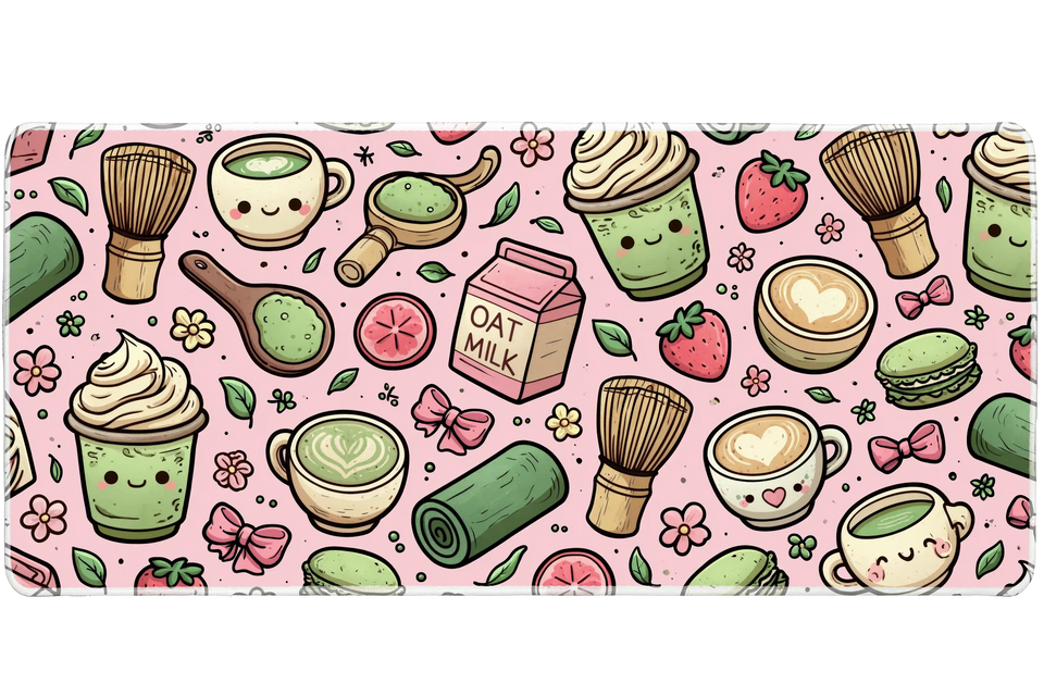 Pink Matcha Cafe Desk Mat | Kawaii Tea Mouse Pad artwork on an extended desk mat with kawaii matcha drinks on a pink cafe pattern