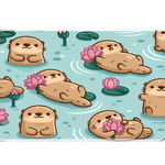 Cute Otter Lotus Pond Kawaii Animal desk mat with playful otters floating among beautiful pink lotus