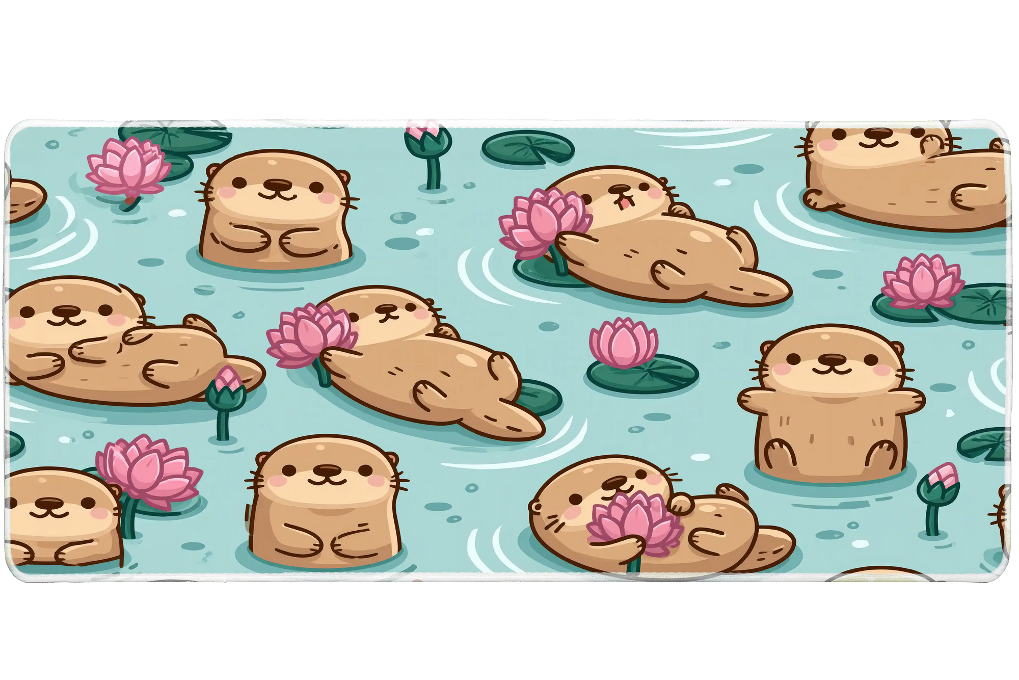 Cute Otter Lotus Pond Kawaii Animal desk mat with playful otters floating among beautiful pink lotus