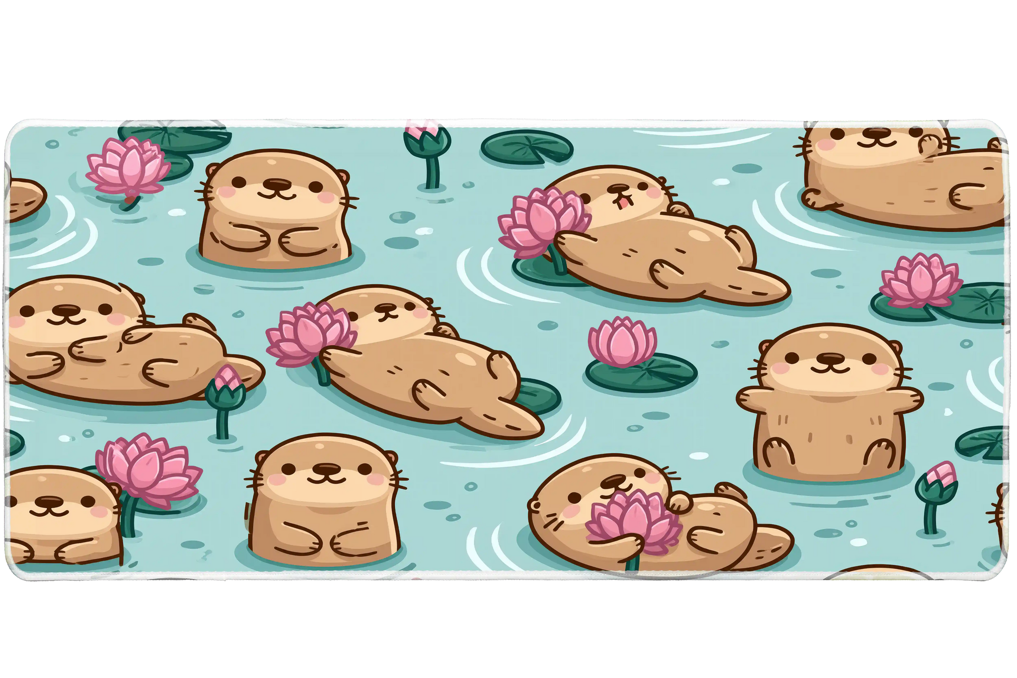 Cute Otter Lotus Pond Kawaii Animal desk mat with playful otters floating among beautiful pink lotus