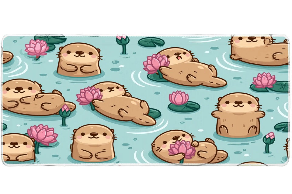 Cute Otter Lotus Pond Kawaii Animal desk mat with playful otters floating among beautiful pink lotus