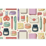 Cute Stationery Desk Mat | Pens and Notes Pattern artwork on an extended desk mat with cute stationery design