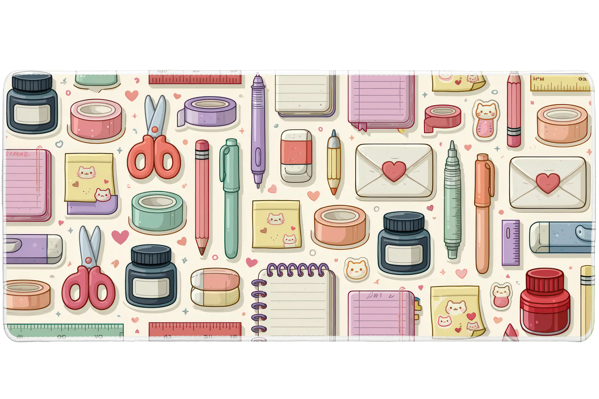 Cute Stationery Desk Mat | Pens and Notes Pattern artwork on an extended desk mat with cute stationery design