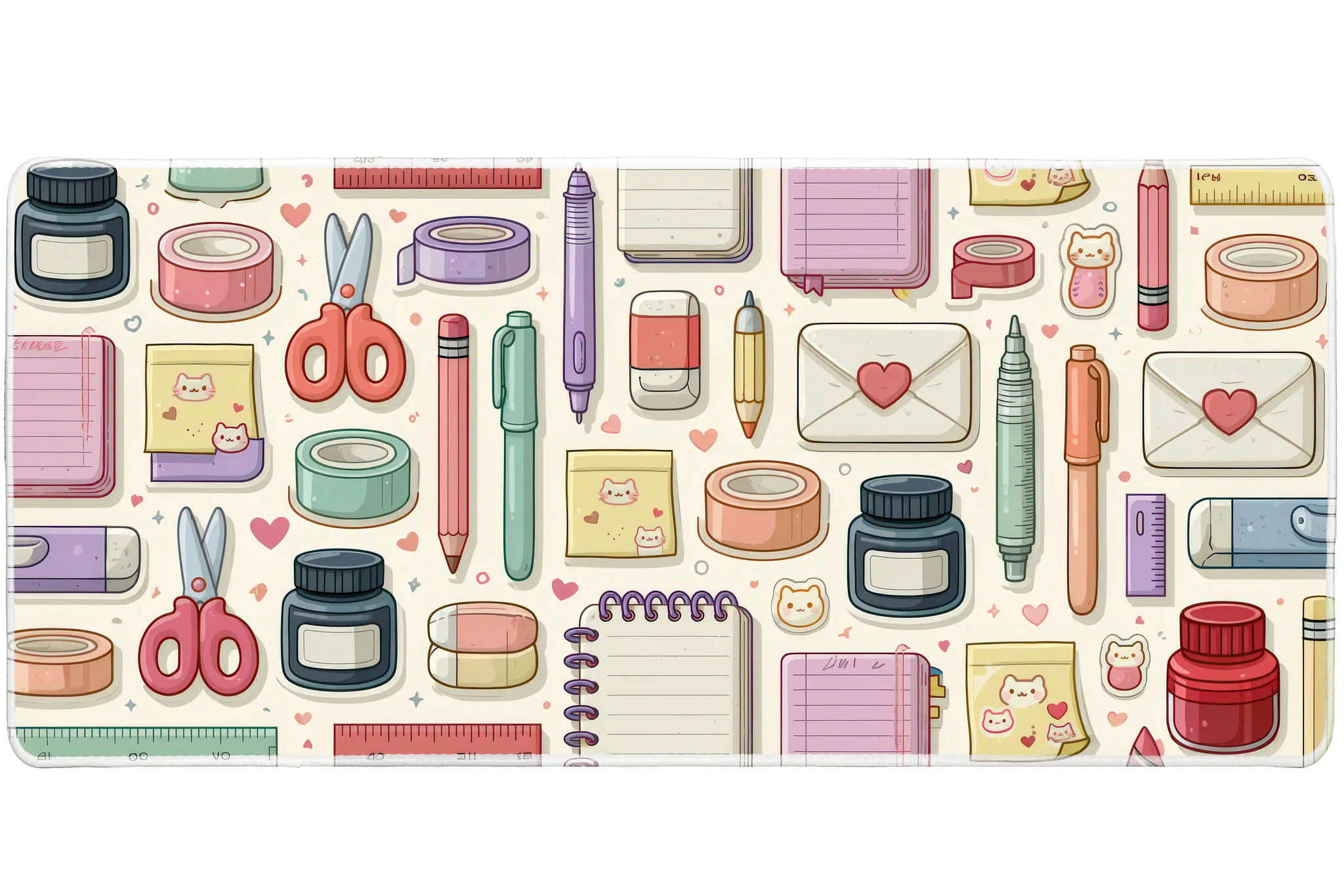 Cute Stationery Desk Mat | Pens and Notes Pattern artwork on an extended desk mat with cute stationery design