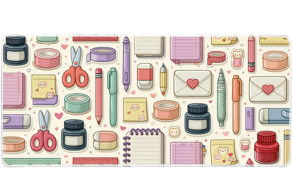 Cute Stationery Desk Mat | Pens and Notes Pattern artwork on an extended desk mat with cute stationery design