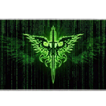 Neon green cyber code sigil desk mat shown in its wide-format artwork view